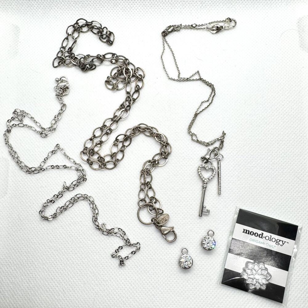 8 Pc Lot Origami Owl Chains Charms Mood-Ology CZ Key Silver Tone Long Necklaces